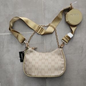 Bebe Mara Tan Crossbody Bag with Gold Chain And Coin Purse And Gold Hardware